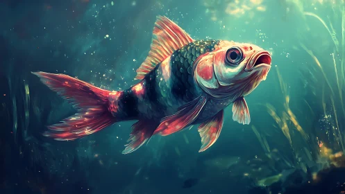Vibrant koi fish glides through dreamy teal underwater light