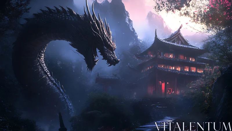 Mythic dragon coils beside lantern-lit mountain temple at dusk