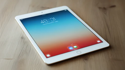 White iPad displaying iOS lock screen on wooden surface.