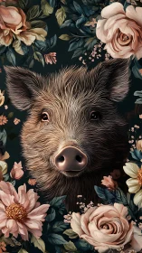 Gentle wild boar peeking through soft pastel garden blooms.