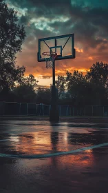 Outdoor basketball hoop stands over wet court at sunset
