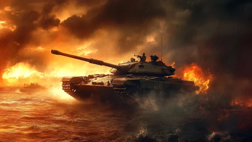 Battle tank charges through fiery storm-lit battlefield at dusk.