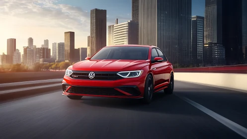 Red Volkswagen sedan in dynamic low-angle motion against skyline