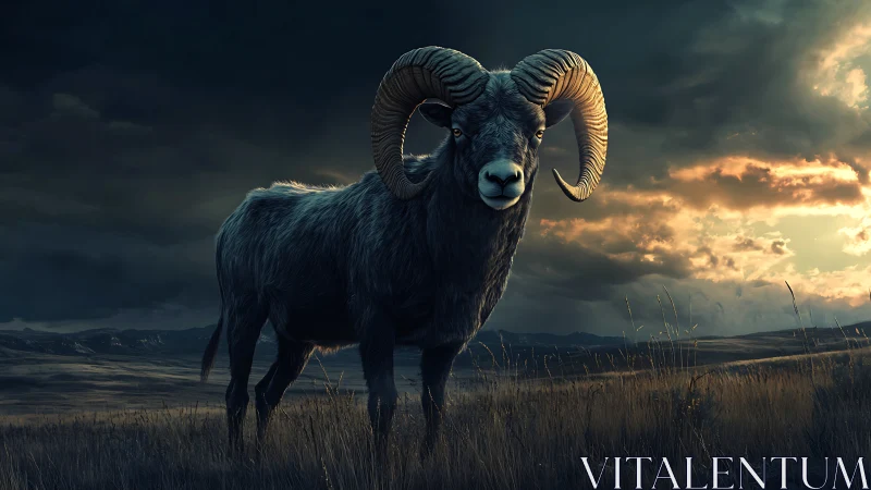 Stormlit bighorn ram standing proud on windswept plains.