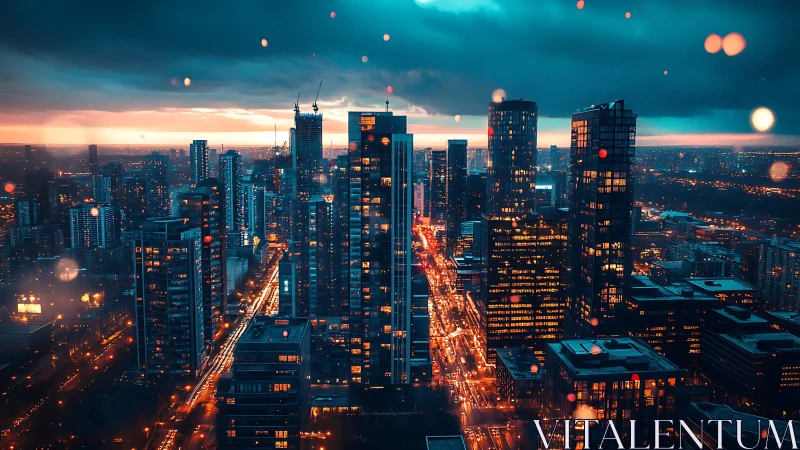 Neon rain over midnight towers in an electric twilight city.