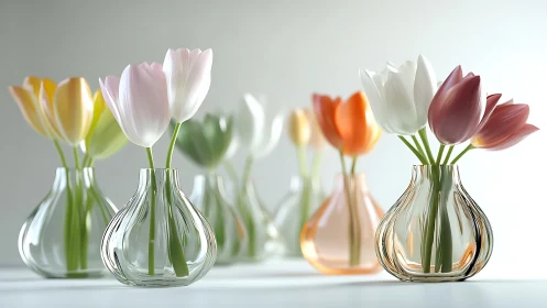 Polychromatic Tulip Arrangement with Crystalline Glass Vessel Compositions.