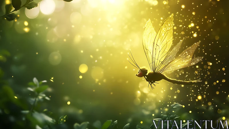 Glowing cartoon firefly with sparkles in lush green forest.