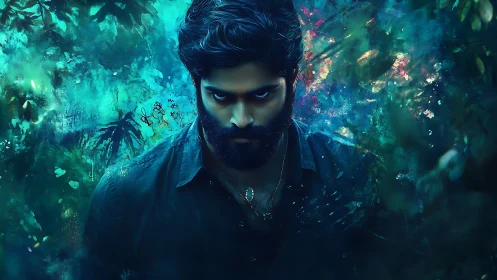 Brooding bearded figure emerges from neon-tinged digital forest