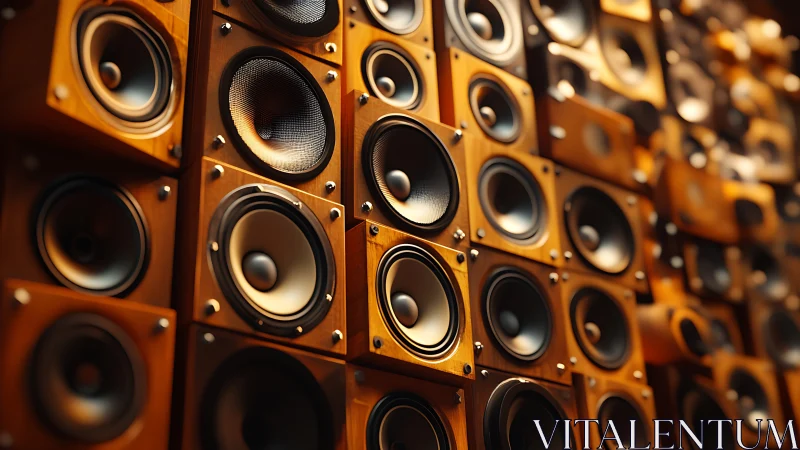 Photorealistic wall of wooden loudspeakers in grid composition.