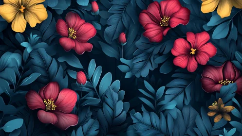 Dimensional floral composition with magenta blooms against deep teal foliage.