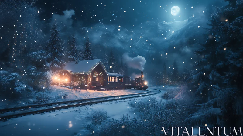 Steam train glides past snowy cabin under moonlit sky.