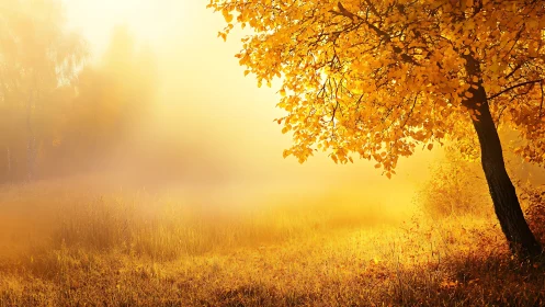 Sunlit deciduous tree over misty autumn meadow at sunrise