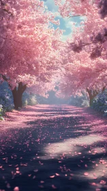 Cherry blossom lane under diffuse spring daylight, receding perspective