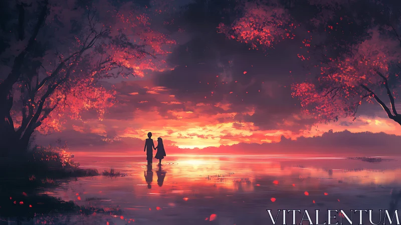 Two lovers walk a glowing lakeshore beneath a fiery sunset