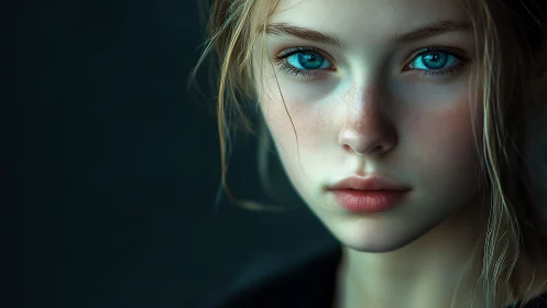 Digital portrait captures intense blue-eyed gaze in closeup