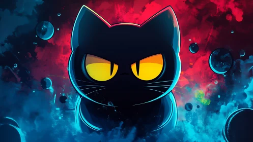 Neon Cat with Glowing Eyes Against Cosmic Atmosphere