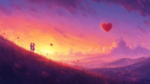 Couple on Hillside at Romantic Sunset with Floating Hearts.