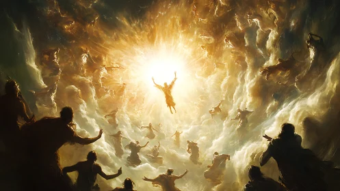 Heavenly ascent through swirling clouds of radiant light.