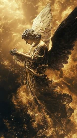 Golden winged angel descends through swirling celestial fire