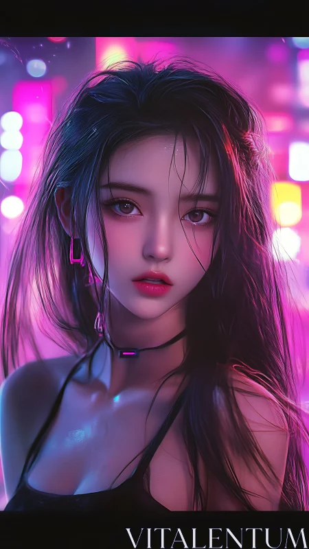 Neon lit cybernetic portrait of young woman in glossy rain