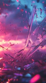 Shimmering shards rising in glowing twilight color storm.
