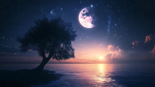 Silhouetted coastal tree under enlarged moonlit twilight sky