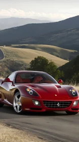 Crimson sports car glides along a quiet sunlit country road