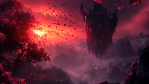 Crimson skies cradle a drifting fortress of shattered stone