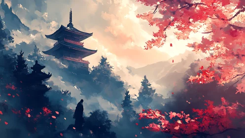 Quiet autumn temple view wrapped in soft mountain mist.
