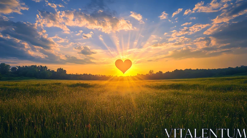 Heart shaped sun glows above grassy field at sunrise