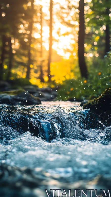 Sunlit forest stream skips joyfully through liquid gold