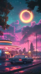 Retro diner parking lot under glowing neon eclipse sky