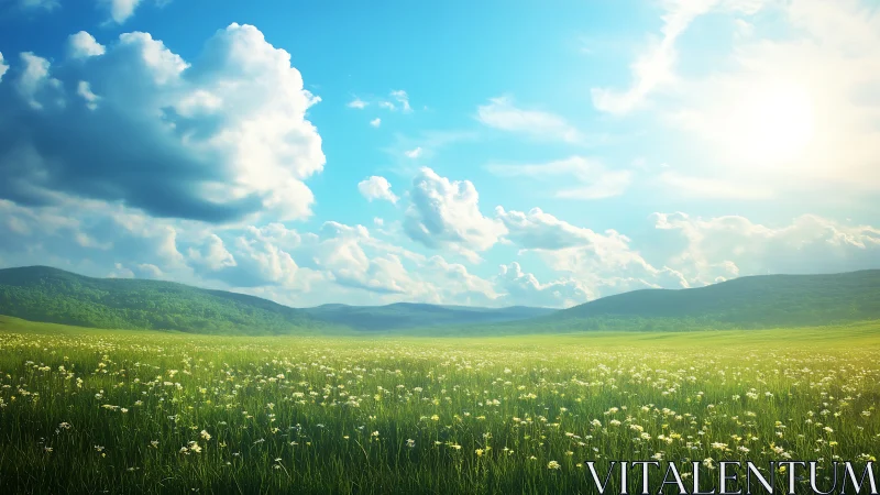 Photorealistic meadow panorama under expansive summer sky.