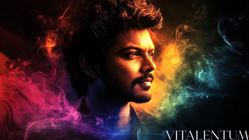 Luminous male portrait amid swirling neon color clouds.