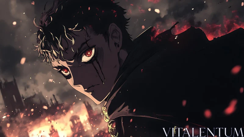 Brooding anime antihero glares over burning ruined cityscape.