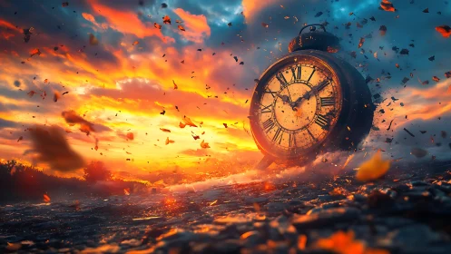 Stormlit clock shatters through a burning sunset sky of time.
