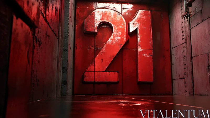 Large metallic number 21 is mounted on an industrial wall