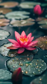 Glistening pink water lily opens softly over calm pond