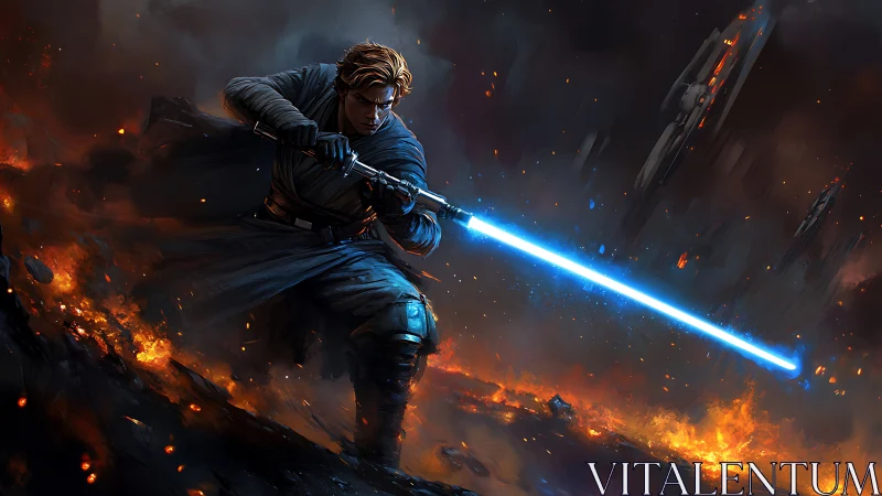 Jedi warrior ignites blue lightsaber over burning battlefield.