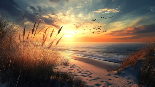 Sunset illuminates coastal dunes, shoreline, and distant birds