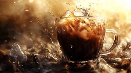 Iced coffee splash in glass mug under warm backlight.
