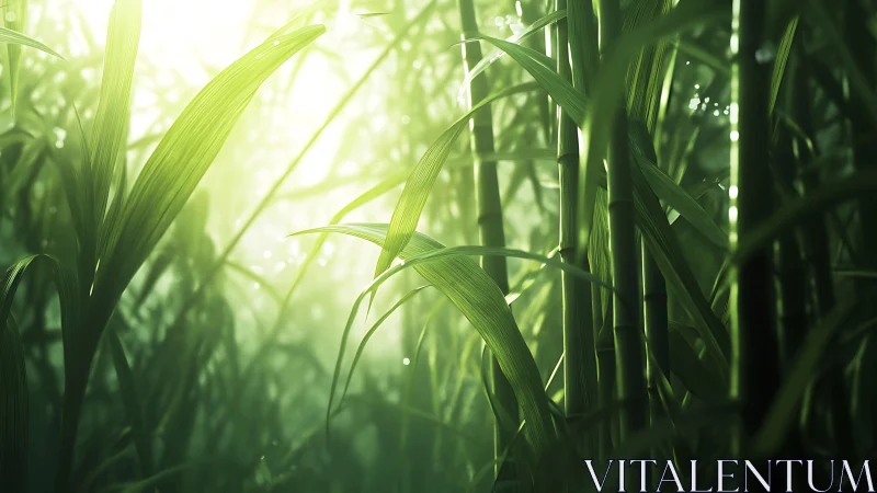 Sunlit bamboo thicket with vivid emerald foliage glow.
