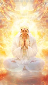 Meditating sage radiates golden spiritual light halo
