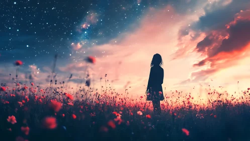Girl in twilight flower field gazes toward a starry cosmos.