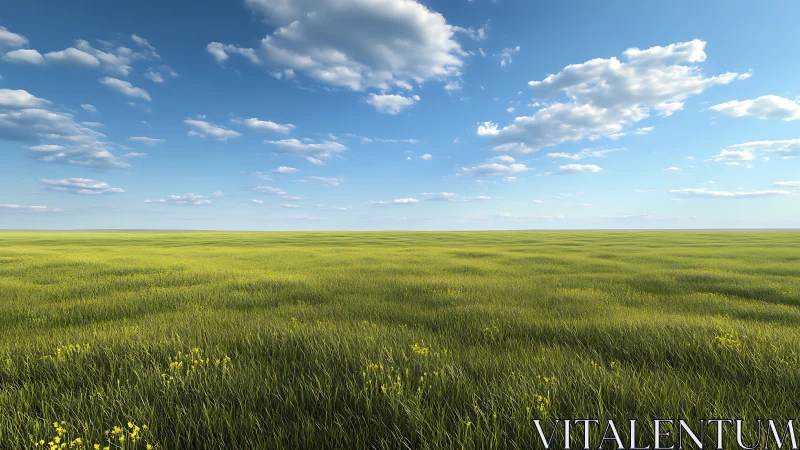 Photorealistic prairie horizon with expansive cloud-strewn sky.
