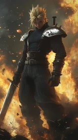 Blade-lit warrior strides through a furnace of falling embers.