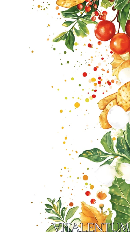 Vertical watercolor border with fruit, leaves, and crackers.