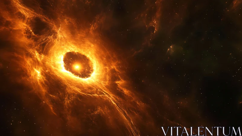 Stellar vortex engulfed in blazing orange nebular firestorm.