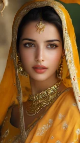 Portrait of woman in ornate yellow veil and jewelry.