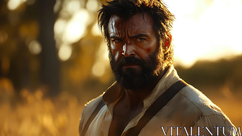 Weathered wanderer glaring through golden wildfire light.